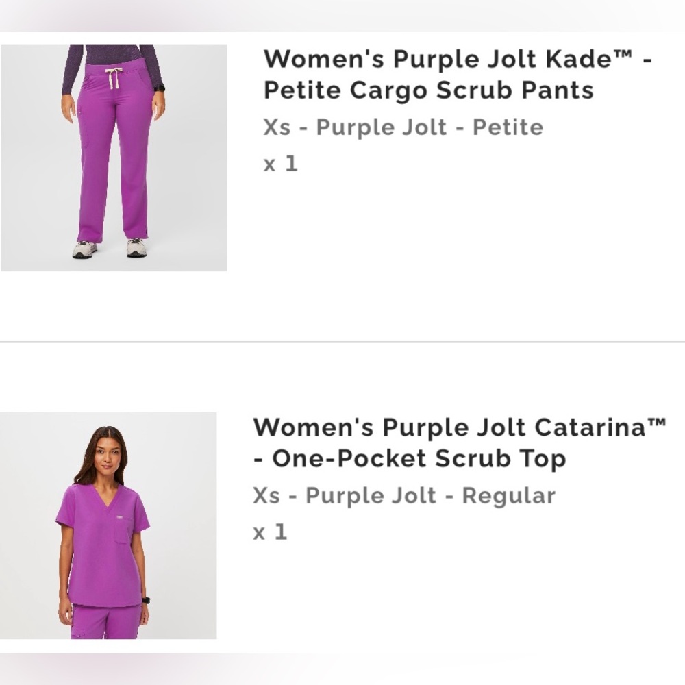 FIGS PURPLE JOLT SCRUB SET - XS Caterina top and XS petite Kade Cargo Pant
